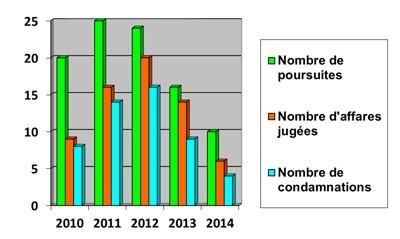 Los datos recabados por la asociación de militantes CAMFAIDS muestran un descenso de las acciones penales, los asuntos juzgados y las condenas a personas LGBTI en Yaundé, Camerún, en 2013 y 2014. (Gráfico de CAMFAIDS)